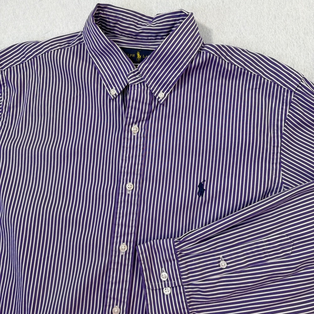 Ralph Lauren Classic Fit Shirt Men 16 32/33 Purple White Stripe Button Down EUC